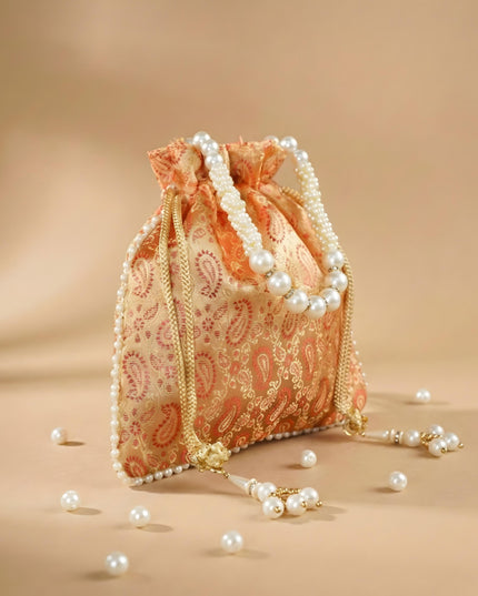 Raw Silk Potli Bag with Pearl Handle and Drawstring - WBG0901