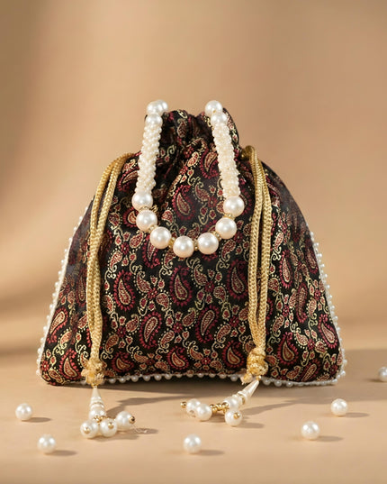 Raw Silk Potli Bag with Pearl Handle and Drawstring - WBG0901