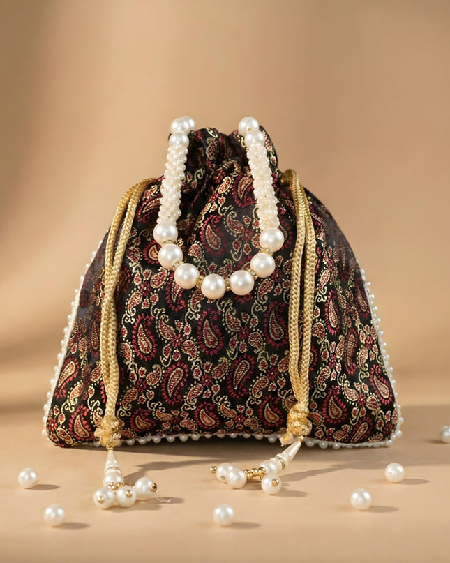 Raw Silk Potli Bag with Pearl Handle and Drawstring - WBG0901