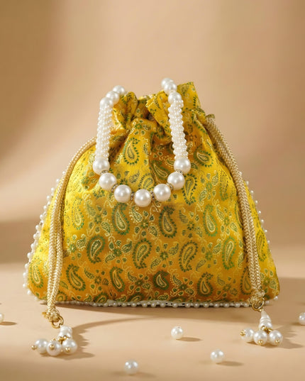 Raw Silk Potli Bag with Pearl Handle and Drawstring - WBG0901