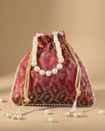 Raw Silk Potli Bag with Pearl Handle and Drawstring - WBG0901