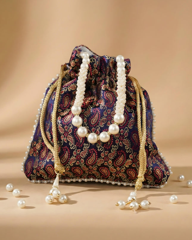 Raw Silk Potli Bag with Pearl Handle and Drawstring - WBG0901