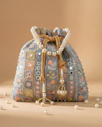 Potli Bag with Embroidered Chamki work and Pearl Handle - WBG0902