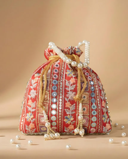 Potli Bag with Embroidered Chamki work and Pearl Handle - WBG0902