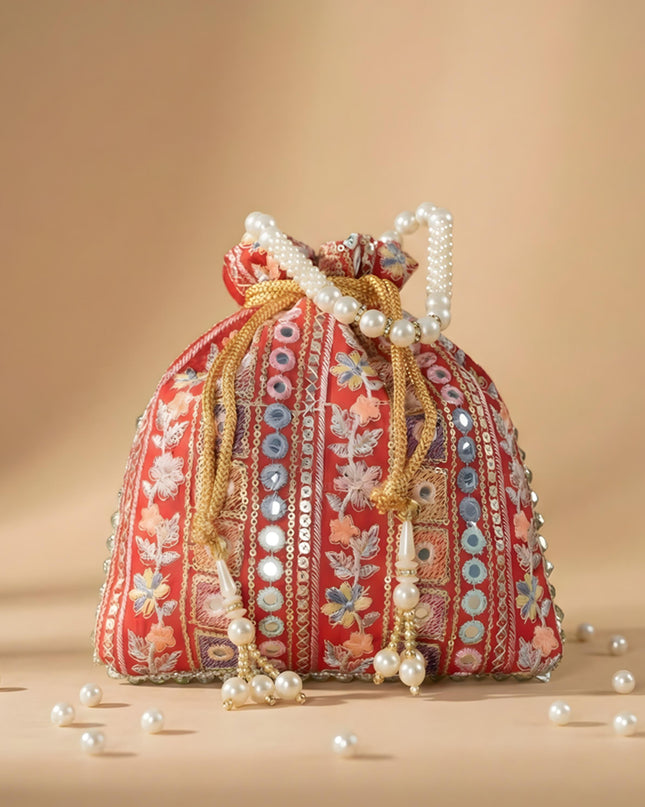 Potli Bag with Embroidered Chamki work and Pearl Handle - WBG0902