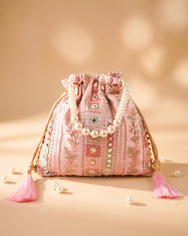 Potli Bag with Embroidered Chamki work and Pearl Handle - WBG0902