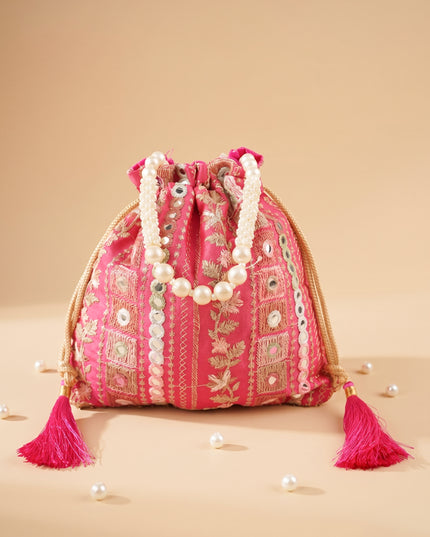 Potli Bag with Embroidered Chamki work and Pearl Handle - WBG0902