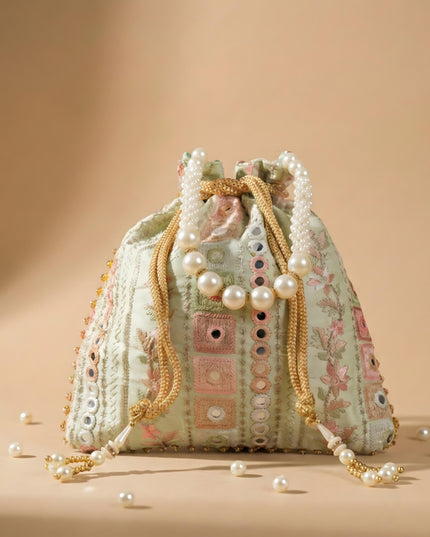 Potli Bag with Embroidered Chamki work and Pearl Handle - WBG0902