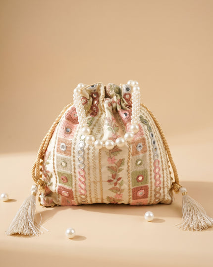 Potli Bag with Embroidered Chamki work and Pearl Handle - WBG0902