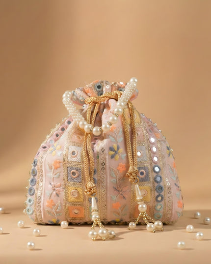 Potli Bag with Embroidered Chamki work and Pearl Handle - WBG0902