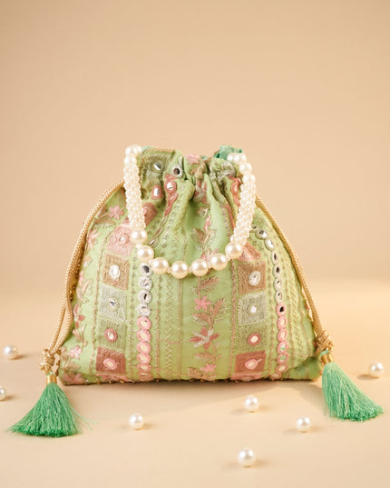 Potli Bag with Embroidered Chamki work and Pearl Handle - WBG0902