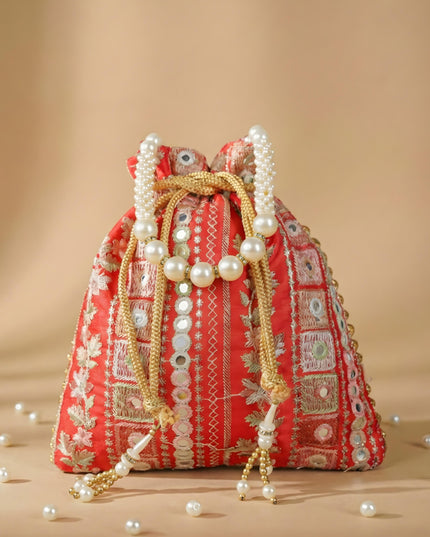 Potli Bag with Embroidered Chamki work and Pearl Handle - WBG0902