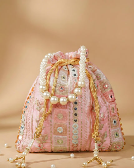 Potli Bag with Embroidered Chamki work and Pearl Handle - WBG0902