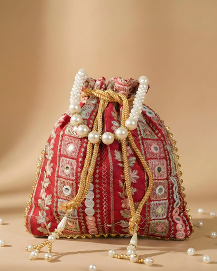 Potli Bag with Embroidered Chamki work and Pearl Handle - WBG0902
