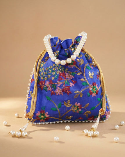 Embroidered Potli Bag with Pearl Beaded Handle and Drawstring - WBG0905