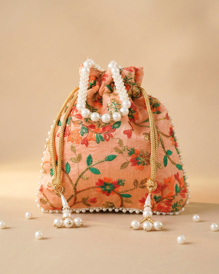 Embroidered Potli Bag with Pearl Beaded Handle and Drawstring - WBG0905