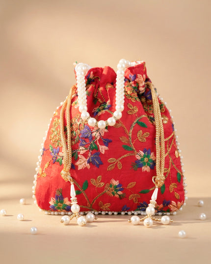 Embroidered Potli Bag with Pearl Beaded Handle and Drawstring - WBG0905