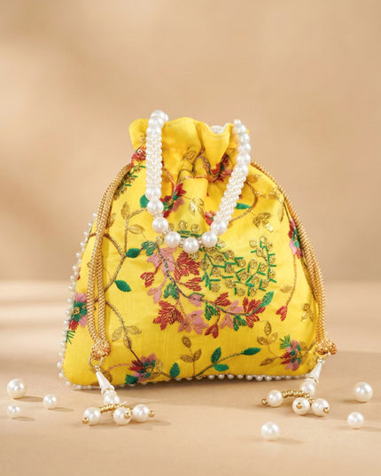 Embroidered Potli Bag with Pearl Beaded Handle and Drawstring - WBG0905