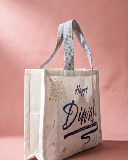 Happy Diwali Printed Cotton Bag with Colour Handle - WBG1141-2