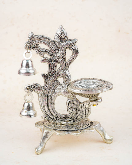 White Metal Chowki with Diya & Hanging Bells - WBG1276