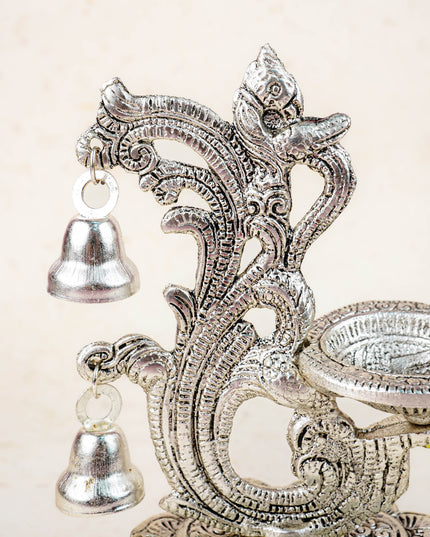 White Metal Chowki with Diya & Hanging Bells - WBG1276