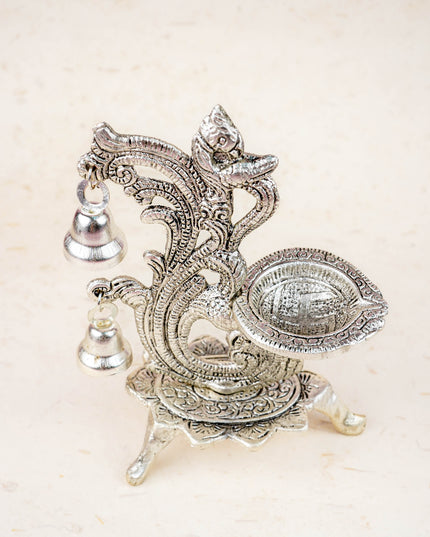 White Metal Chowki with Diya & Hanging Bells - WBG1276