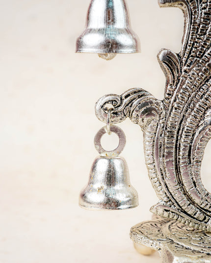 White Metal Chowki with Diya & Hanging Bells - WBG1276