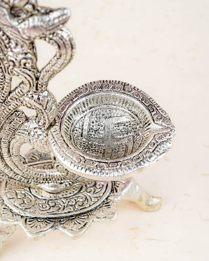 White Metal Chowki with Diya & Hanging Bells - WBG1276