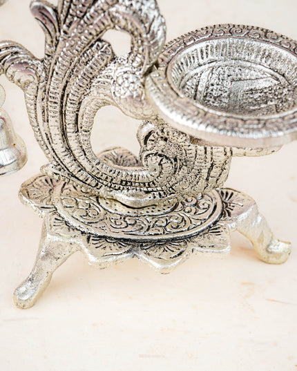 White Metal Chowki with Diya & Hanging Bells - WBG1276