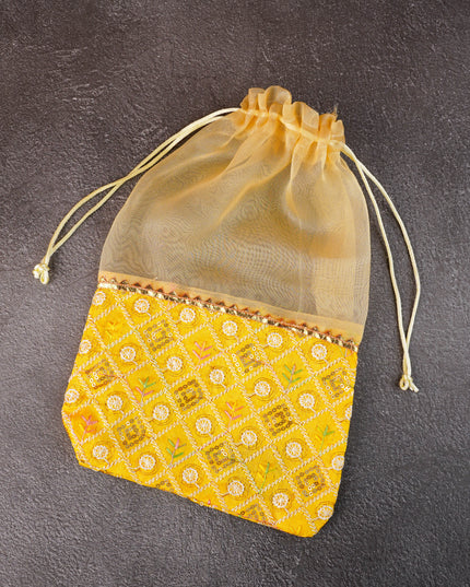 Tissue and Embroidered Raw Silk String Bag - WBG1361