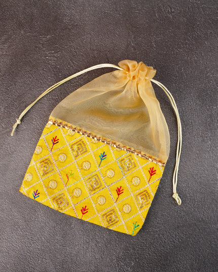 Tissue and Embroidered Raw Silk String Bag - WBG1361