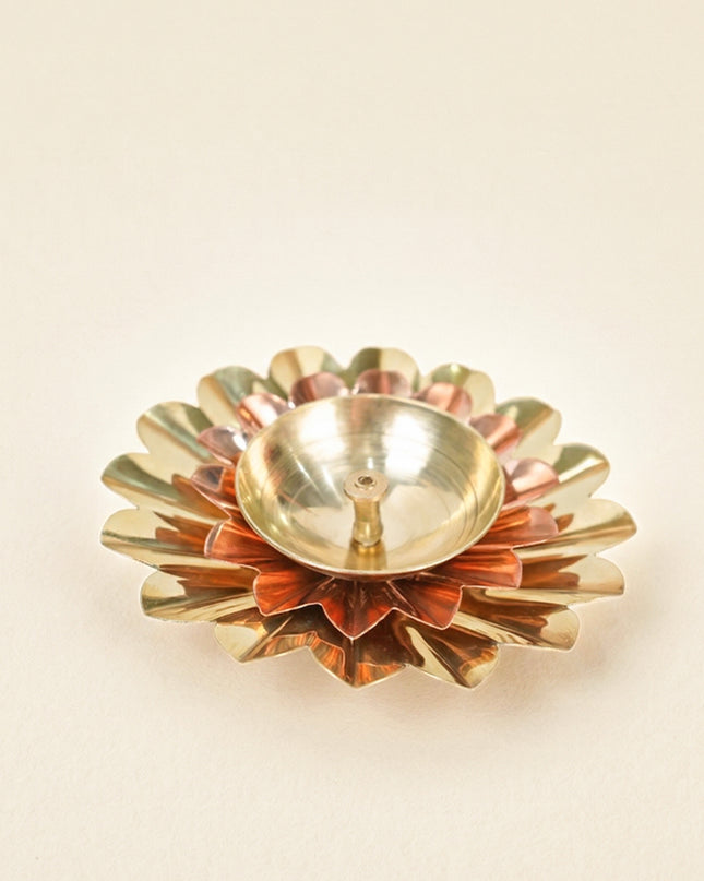 Copper & Brass Double Flower Diya - WBG1447