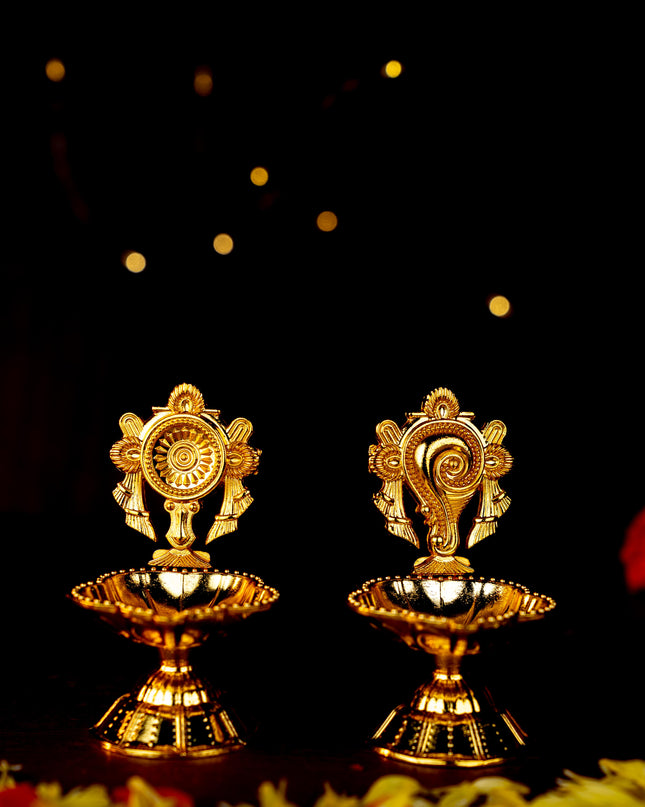 Zinc Alloy Shanku Chakra Diya - Gold - 3 inch - WBG1800-1