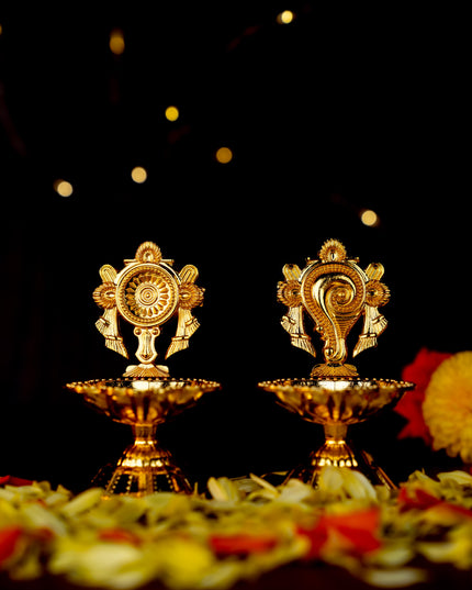 Zinc Alloy Shanku Chakra Diya - Gold - 3 inch - WBG1800-1