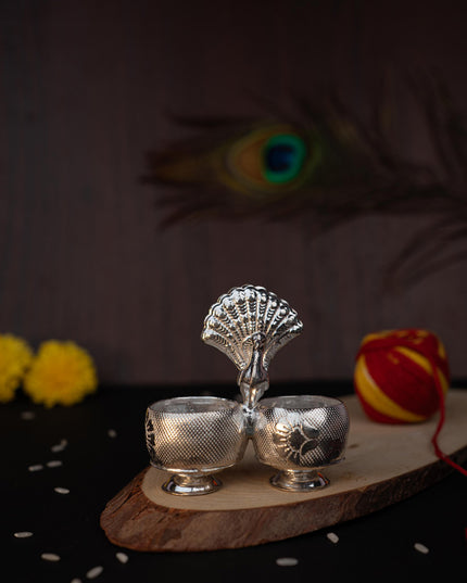 German Silver Peacock 2 Cup Kumkum - 3 inch - WBG1813