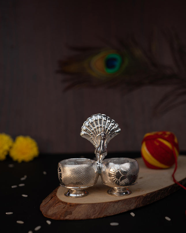 German Silver Peacock 2 Cup Kumkum - 3 inch - WBG1813