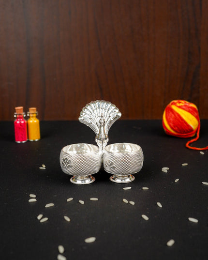 German Silver Peacock 2 Cup Kumkum - 3 inch - WBG1813