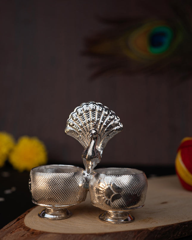 German Silver Peacock 2 Cup Kumkum - 3 inch - WBG1813
