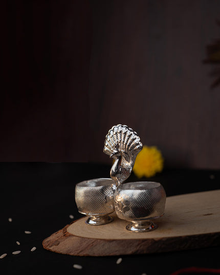 German Silver Peacock 2 Cup Kumkum - 3 inch - WBG1813