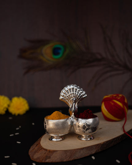 German Silver Peacock 2 Cup Kumkum - 3 inch - WBG1813