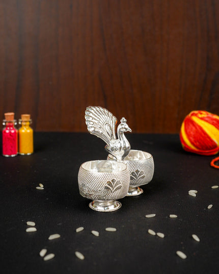 German Silver Peacock 2 Cup Kumkum - 3 inch - WBG1813