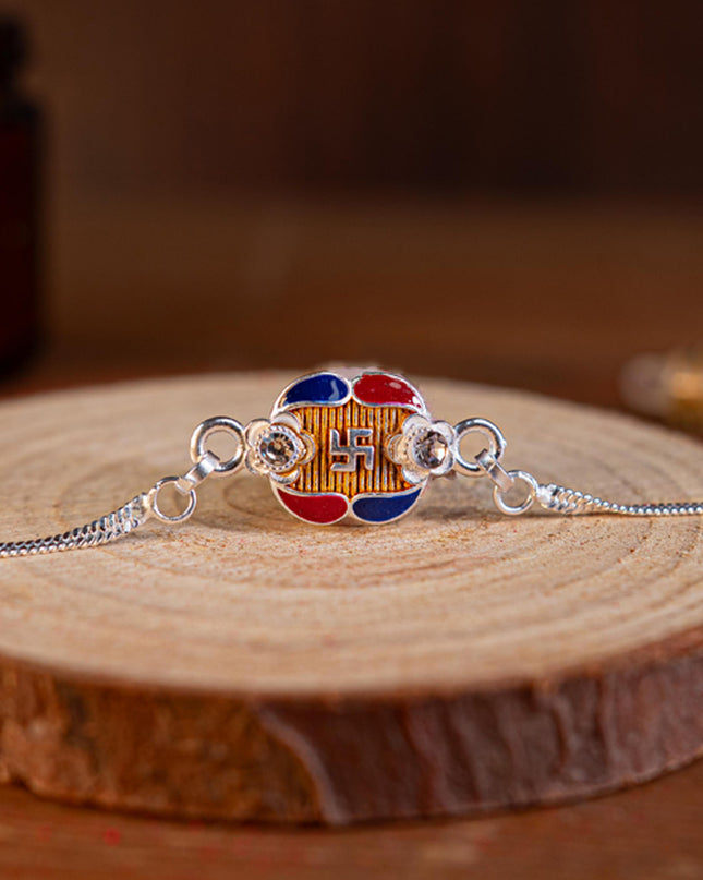 Designer Rakhi - Silver - Swastik - WBG1887-3