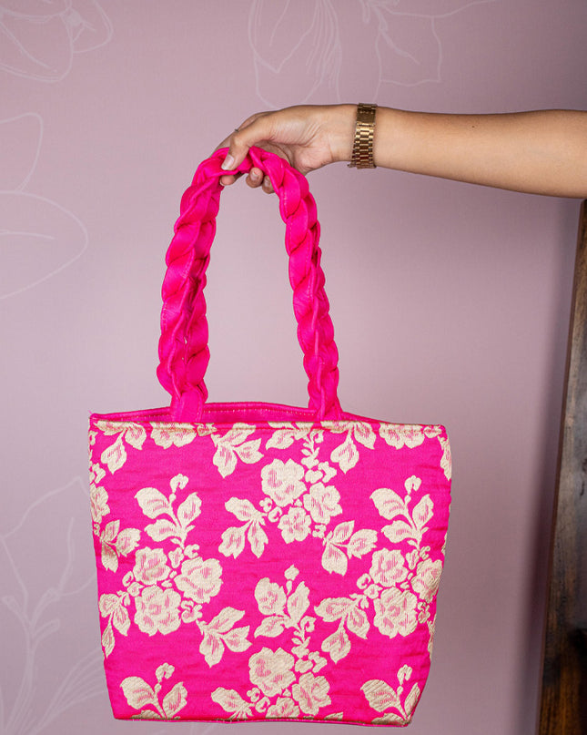 Raw Silk Flower Design Handbag - 10 inch - WBG1900