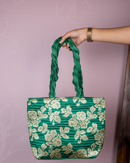 Raw Silk Flower Design Handbag - 10 inch - WBG1900