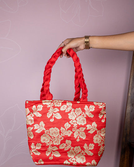 Raw Silk Flower Design Handbag - 10 inch - WBG1900