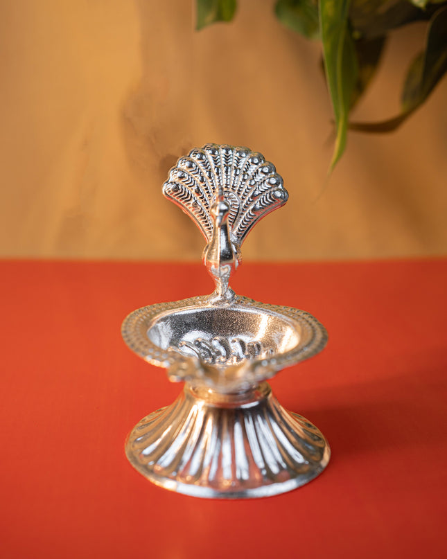 German Silver Peacock Diya - 3 inch - WBG1915