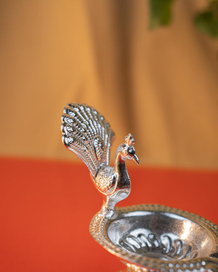 German Silver Peacock Diya - 3 inch - WBG1915