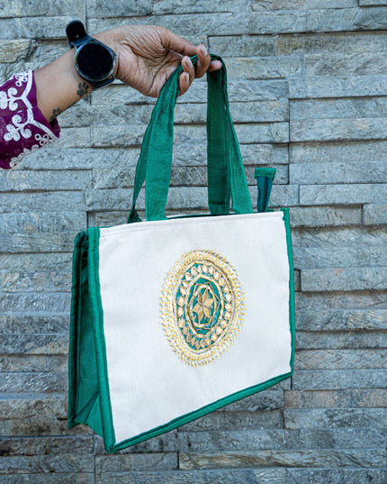 Handbag with Jute and Raw Silk Fabric - 12 x 9 inch - WBG1917