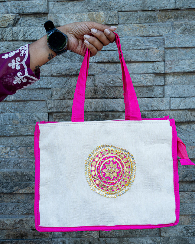 Handbag with Jute and Raw Silk Fabric - 12 x 9 inch - WBG1917