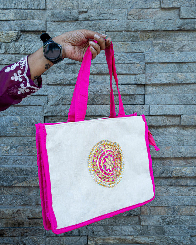 Handbag with Jute and Raw Silk Fabric - 12 x 9 inch - WBG1917